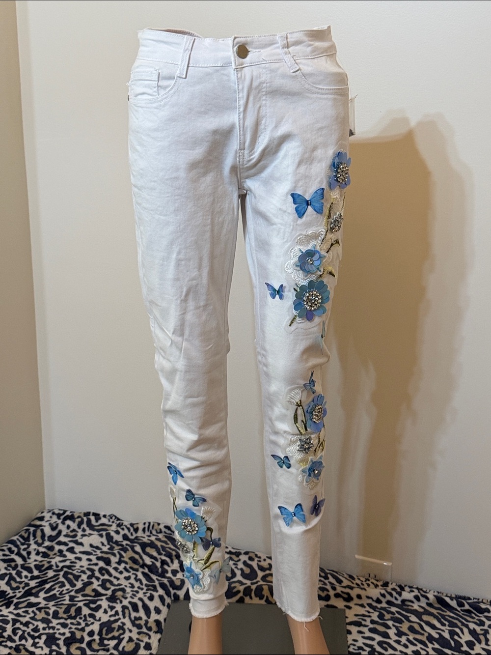 Boston Proper White Rhinestone Jeans with 3D Blue Floral & Butterfly Embroidery